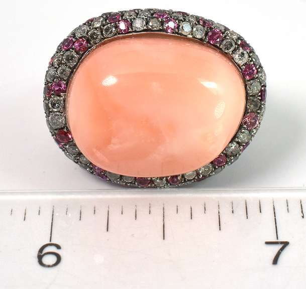 Hefty Salmon Coral, Sapphire, & Diamond Ring in 18KT White Gold