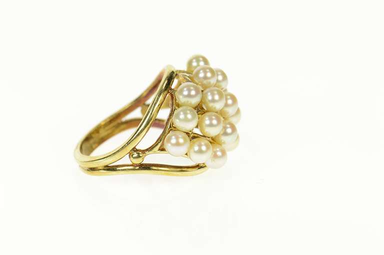 14K Yellow Gold Retro Domed Pearl Cluster Statement Band Ring