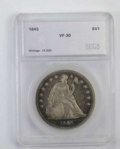 VF30 1845 Seated Liberty Silver Dollar - Graded by SEGS