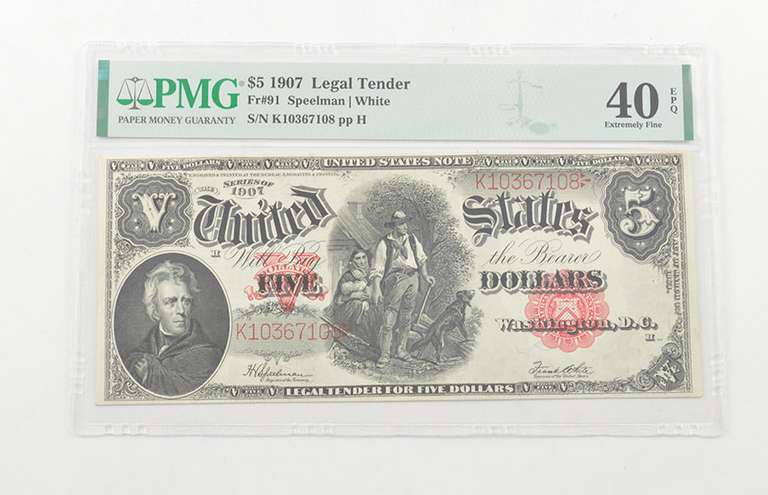 $5 1907 Legal Tender PMG 40 EPQ Extremely Fine, Fr # 91 Speelman/White