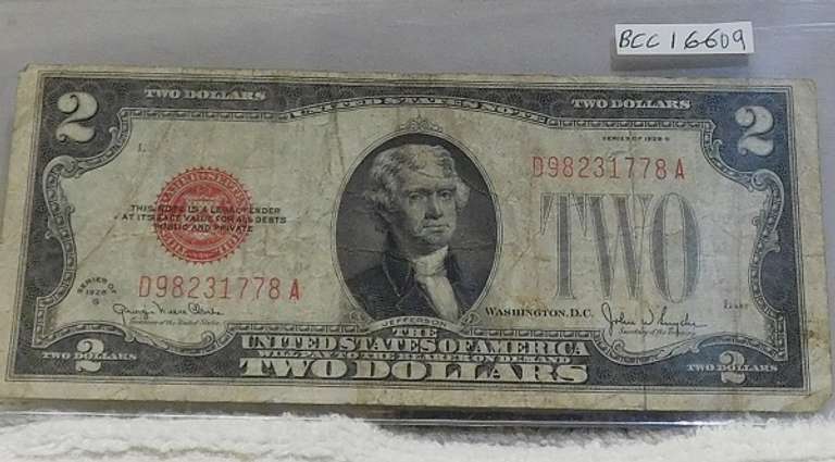 1928-G $2. US Note Red Seal circ, first yr of issue for sm size