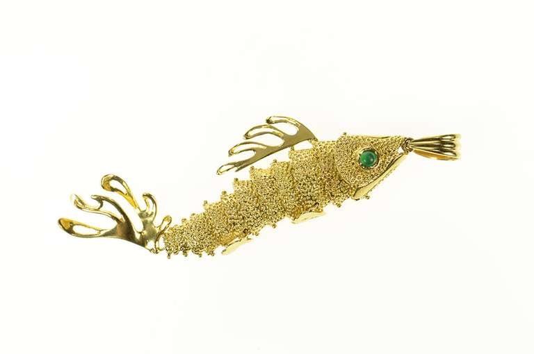 18K Yellow Gold Green Agate Elaborate Fish Statement Pendant