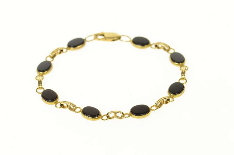 14K Yellow Gold Retro Oval Black Onyx Statement Chain Bracelet