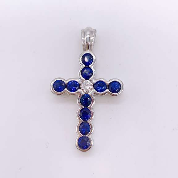14kt Gold, Blue Sapphire, & Diamond Cross Pendant