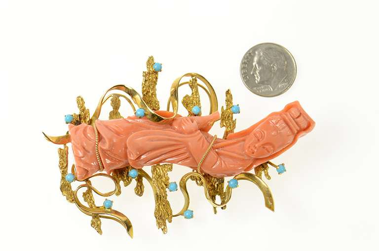 14K Yellow Gold Ornate Carved Chinese Coral Turquoise Lady Pin/Brooch