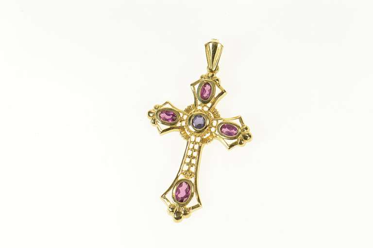 14K Yellow Gold Sapphire Purple Tourmaline Elaborate Cross Pendant