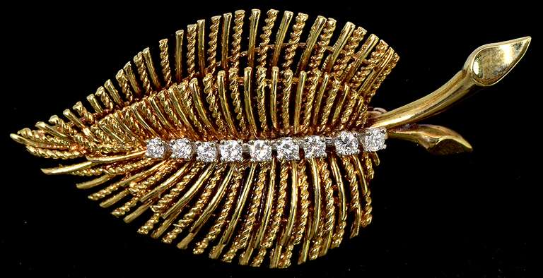 Intricate Leaf Brooch Pin with Diamonds, 14KT Yellow Gold