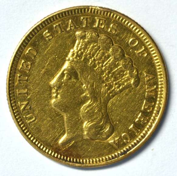 Attractive 1856 US $3 Gold Piece. Cleaned