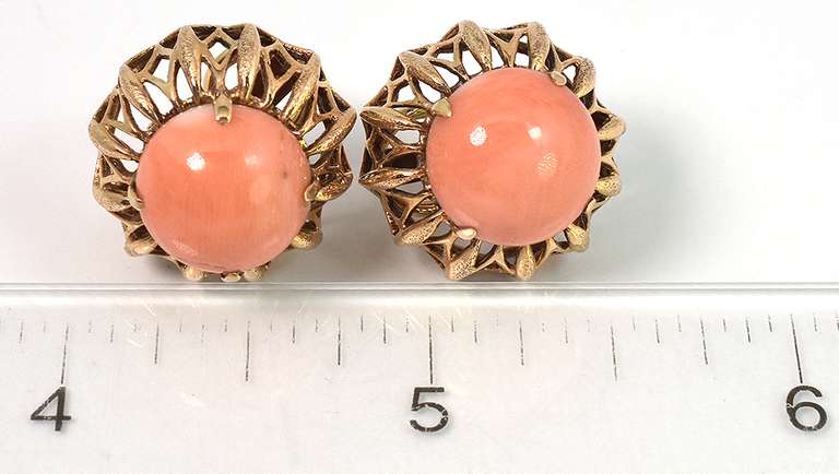 Vintage Angel Skin Coral Earrings in 14KT Yellow Gold