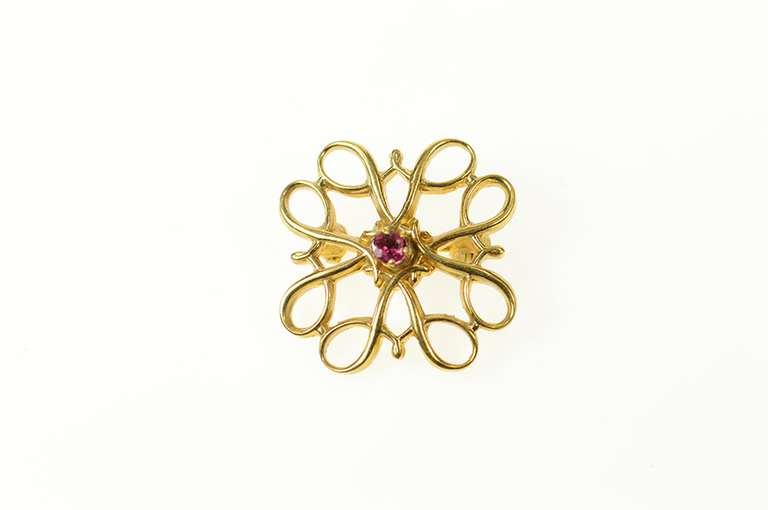 10K Yellow Gold Retro Squared Swirl Design Ruby Pin/Brooch