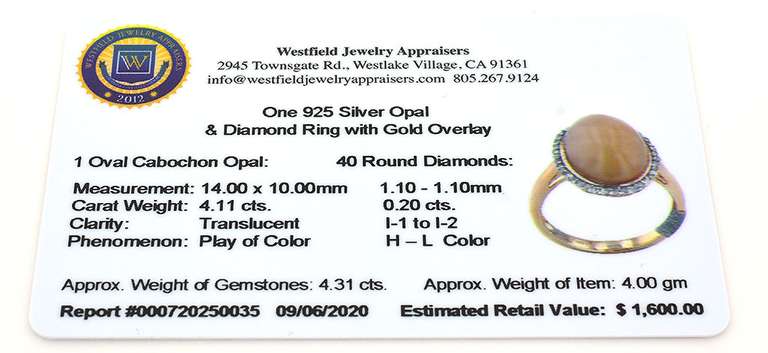 Enchanting Cabochon Cut Opal & Diamond Ring in Vermeil