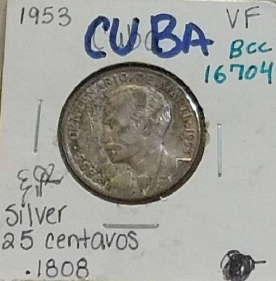 Cuba: Silver 1953 25 cts Marti Commem, circ luster