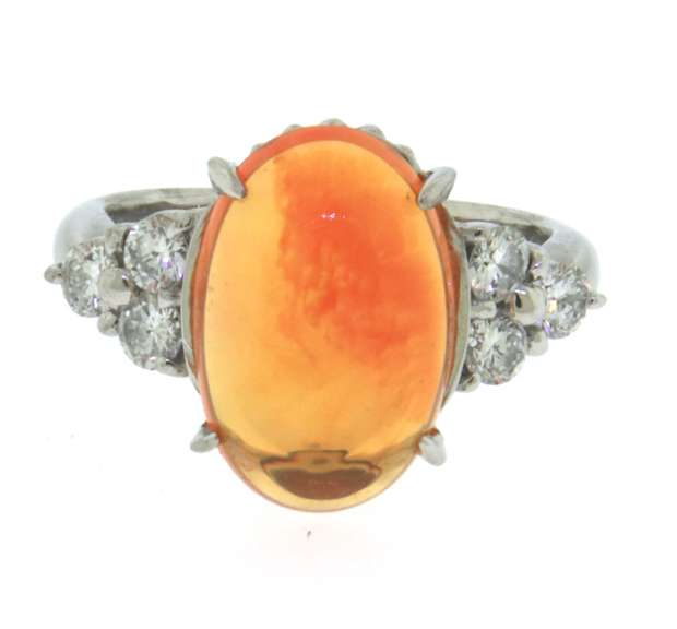Romantic White Gold Platinum Cabochon Shaped Cut Fire Opal and Diamond Ring