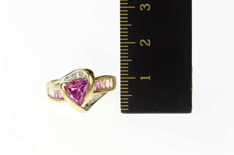10K Yellow Gold Trillion Pink Cubic Zirconia Diamond Bypass Ring
