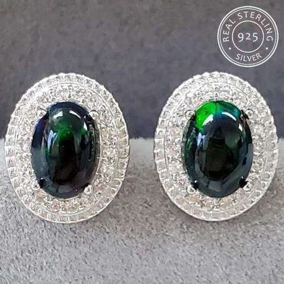 GENUINE ETHIOPIAN BLACK OPAL & CREATED WHITE SAPPHIRE STERLING SILVER EARRINGS