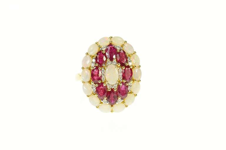 18K Yellow Gold Opal Ruby Diamond Halo Cocktail Statement Ring