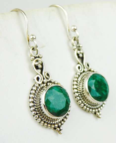 Ornate Natural Mine Cut Emerald Sterling Earrings