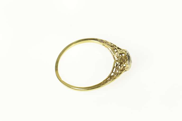 14K Yellow Gold Art Deco Diamond Solitaire Filigree Promise Ring