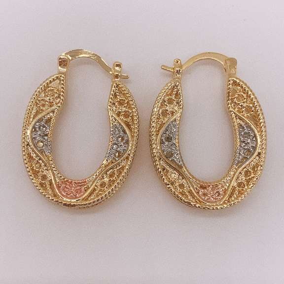 Fancy Italian 18kt Gold Plated Filigree Tricolor Hoop Earrings