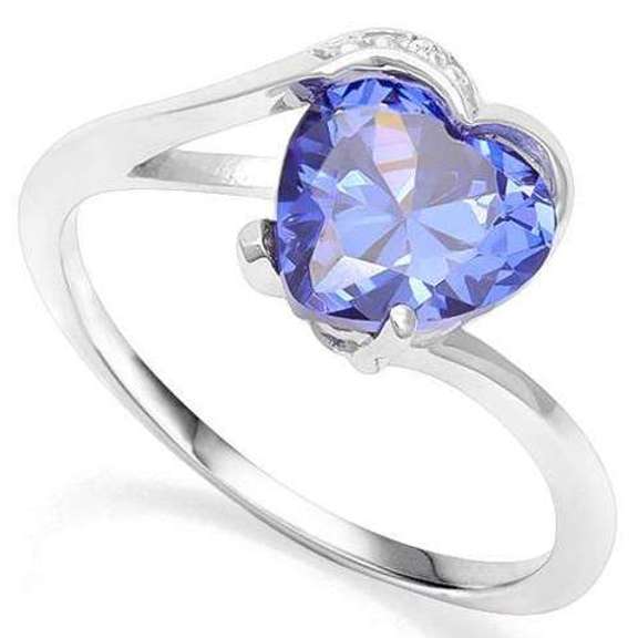 STERLING SILVER HEART 8MM LAB TANZANITE & DIAMOND WOMEN RING