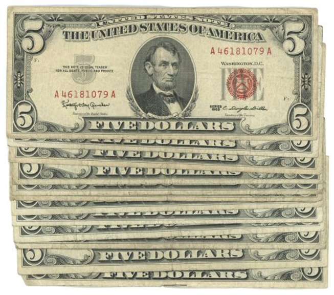 12 Series of 1953/63 $5 Red Seal Notes in circ