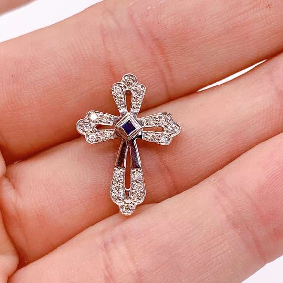 14kt Gold, Blue Sapphire, & Diamond Cross Pendant