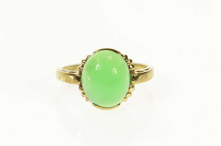 10K Yellow Gold Oval Green Agate Retro Cocktail Statement Ring