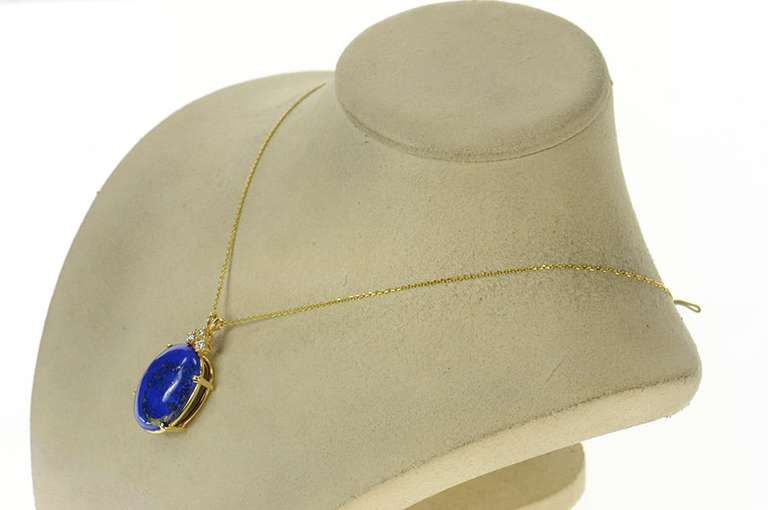14K Yellow Gold Oval Lapis Lazuli Diamond Cluster Accent Pendant