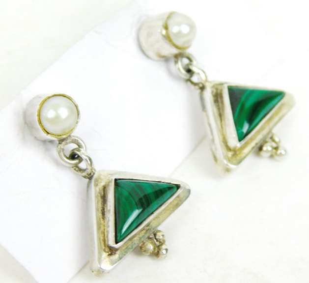 Sterling Malachite & Pearls Dangle Earrings