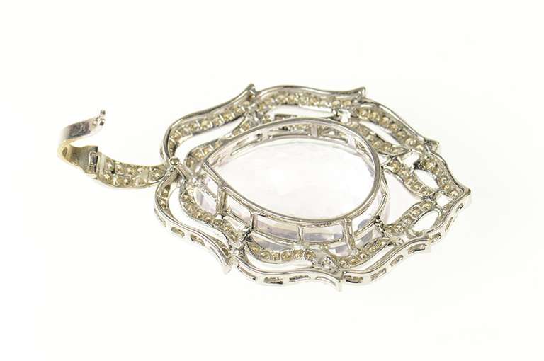 18K White Gold 37 Ctw Pear Kunzite Diamond Ornate Pendant