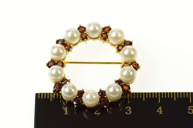 14K Yellow Gold Pearl Garnet Circle Cluster Statement Pin/Brooch