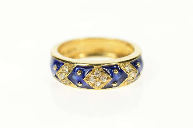 14K Yellow Gold Royal Blue Enamel CZ Statement Band Ring