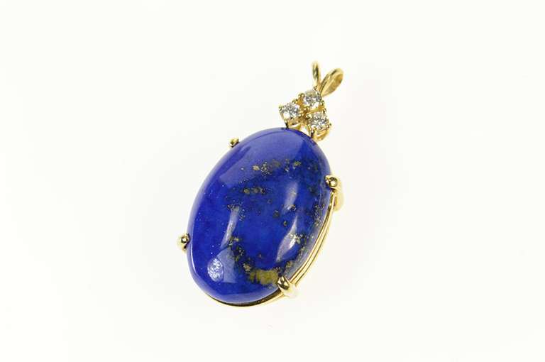 14K Yellow Gold Oval Lapis Lazuli Diamond Cluster Accent Pendant