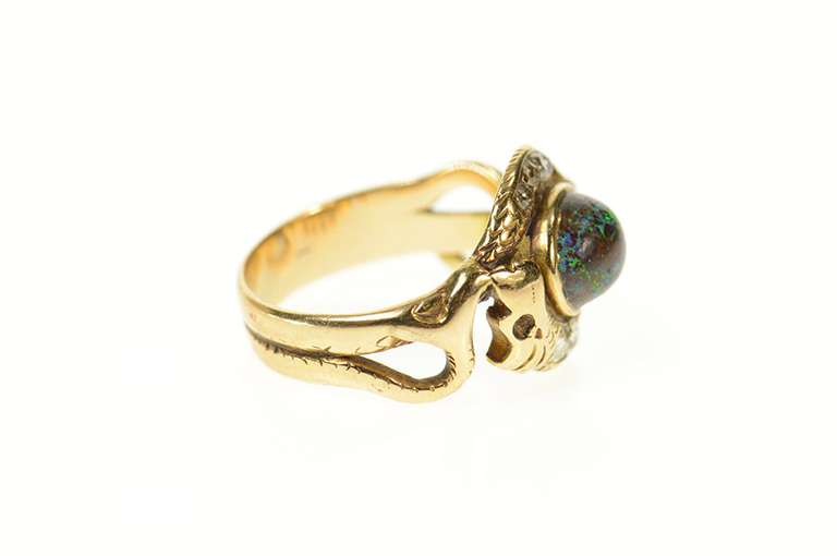 14K Yellow Gold Victorian Boulder Opal Diamond Snake Serpent Ring