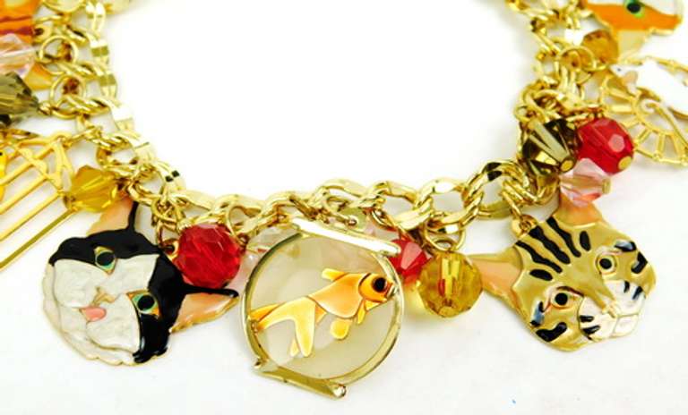 Signed Enamel & Crystal Cat Charm Bracelet
