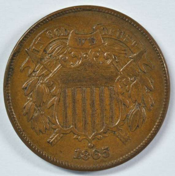 Brown Unc 1865 Two Cent Piece. Fully struck