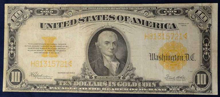 1922 Ten Dollar Gold Certificate, Circulated