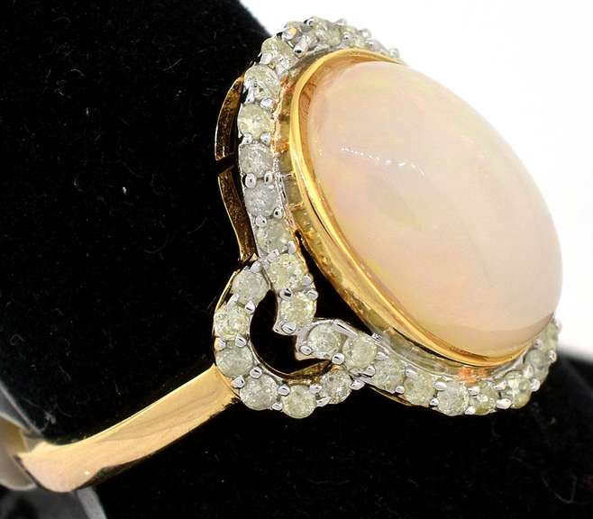 Incredible Cabochon Cut Opal & Diamond Halo Ring in Vermeil