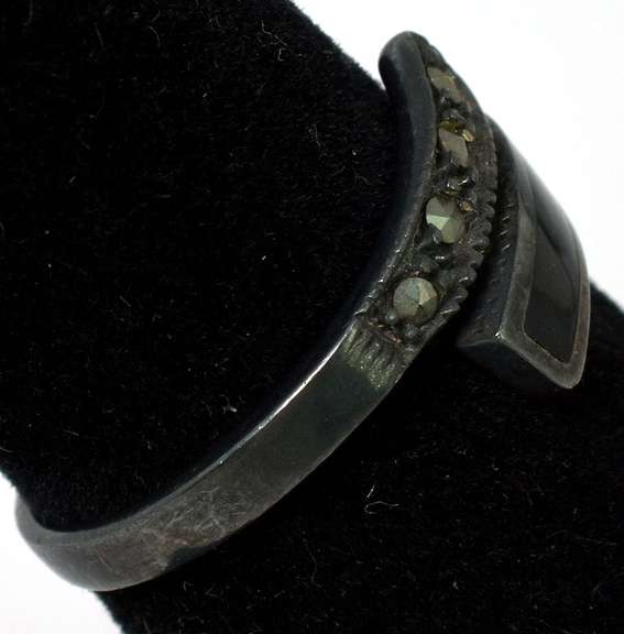 Edgy Anodized Onyx & Marcasite Ring in Sterling Silver