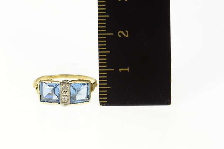 14K Yellow Gold 1940's Blue Topaz Diamond Squared Statement Ring