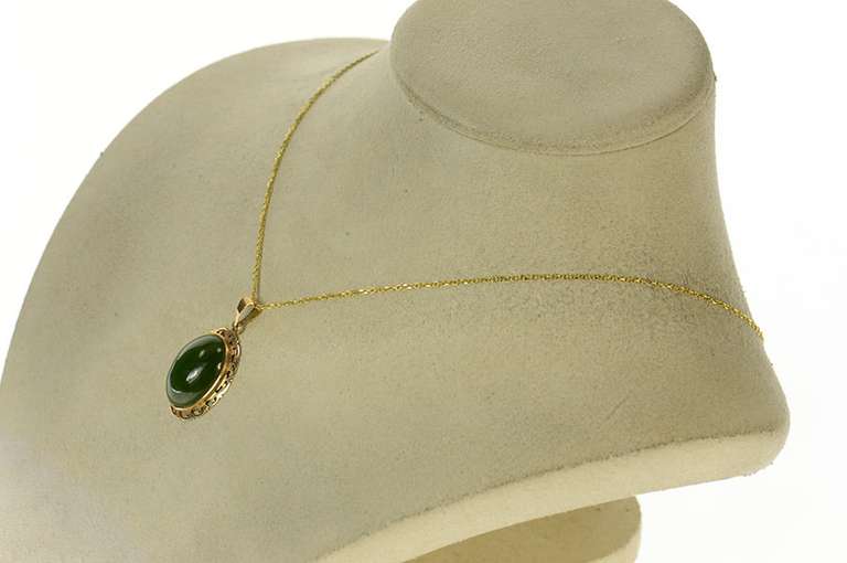 18K Yellow Gold Victorian Nephrite Oval Cabochon Ornate Pendant