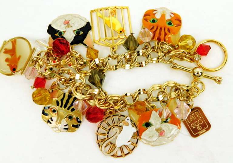 Signed Enamel & Crystal Cat Charm Bracelet