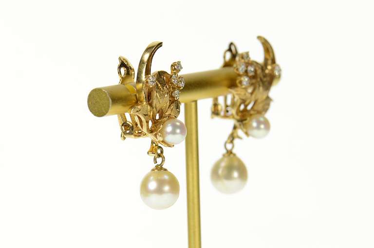 14K Yellow Gold 1950's Diamond Pearl Dangle Leaf Clip Back Earrings