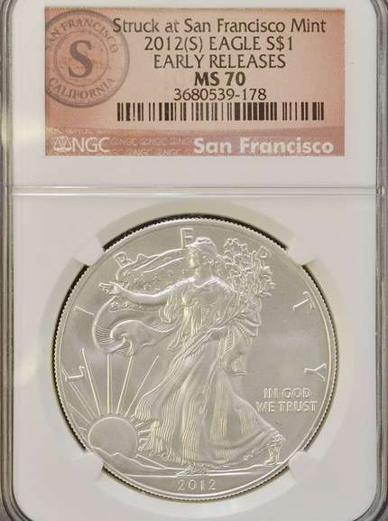 2012 (S) Struck in SF, MS70 Silver Eagle, NGC