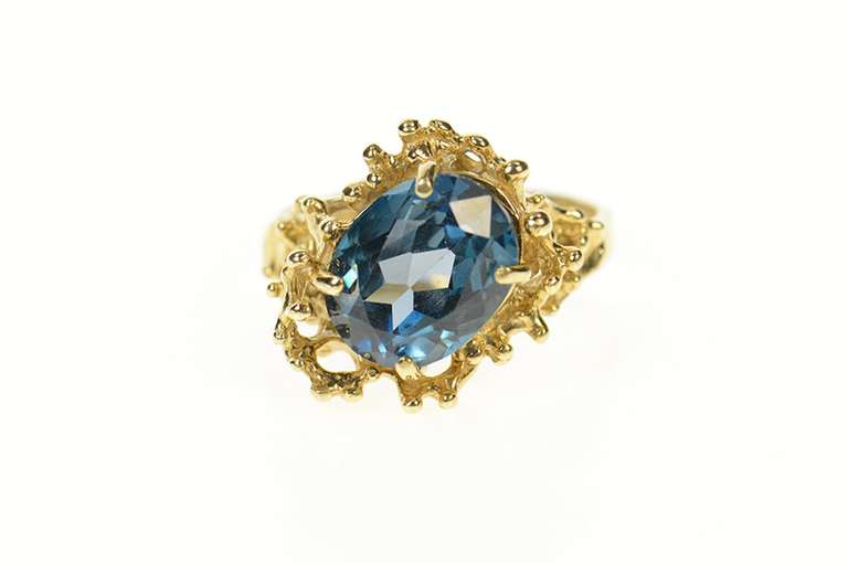 14K Yellow Gold London Blue Topaz Textured Abstract Statement Ring