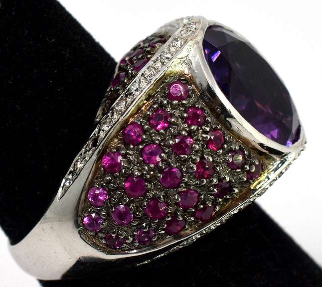Intriguing Amethyst & Ruby Ring in 18KT White Gold — AS IS