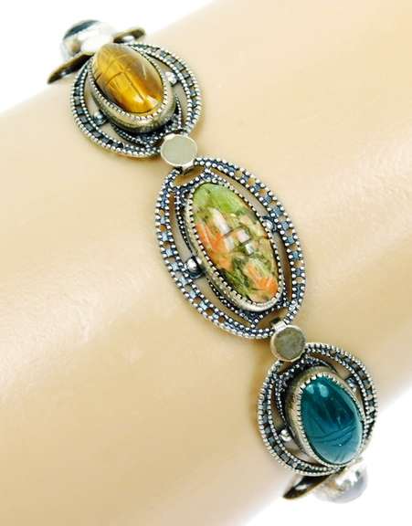 Vintage Beau Sterling Filigree & Scarab Agates Bracelet