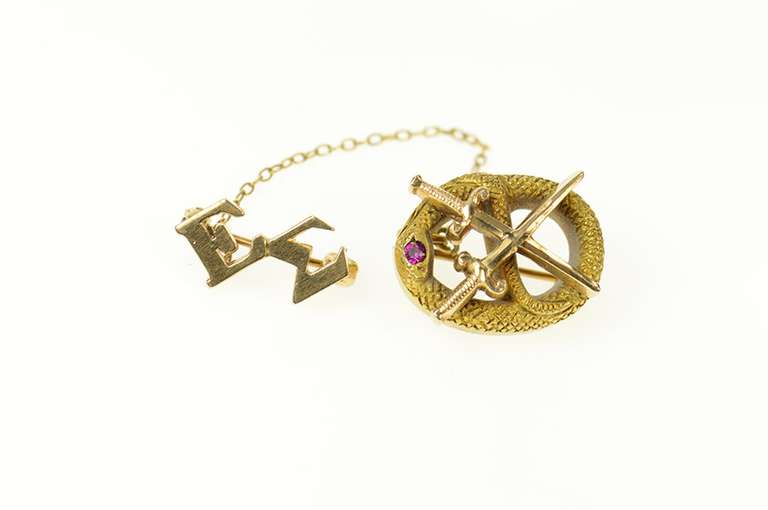 10K Yellow Gold Epsilon Sigma Crossed Swords Serpent Lapel Pin/Brooch
