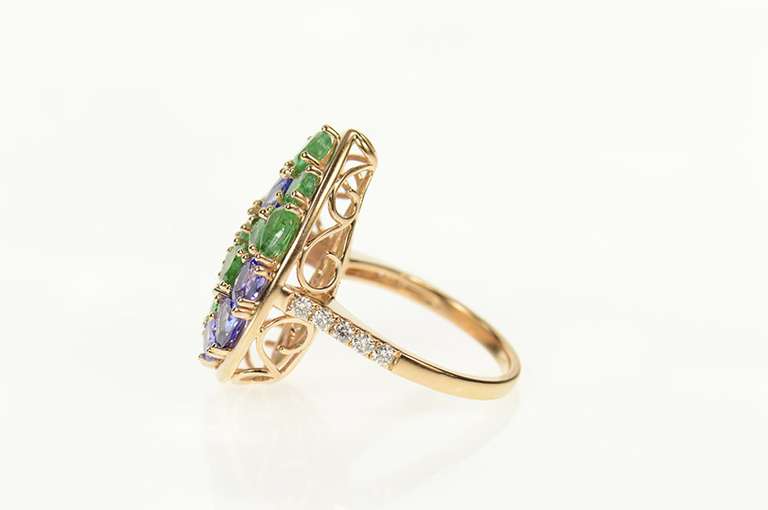 14K Rose Gold Natural Emerald & Tanzanite Cluster Cocktail Ring