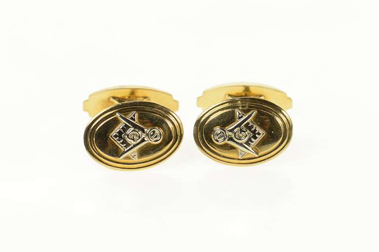 10K Yellow Gold Masonic Compass Square Oval Retro Cuff Links